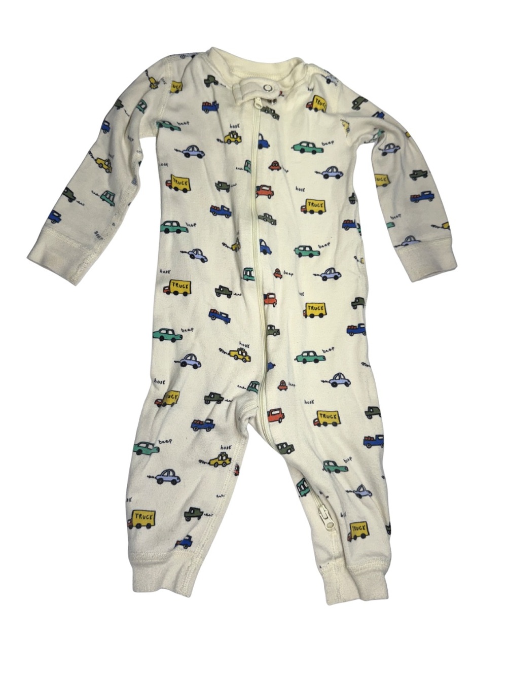 Quince Cream One-Piece footless PJs organic cotton double zip Cars trucks 9-12mo